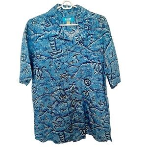 Kai Hawaiian Button-Up Shirt Men's Size XL Geometric Turtle Short Sleeve Blue‎